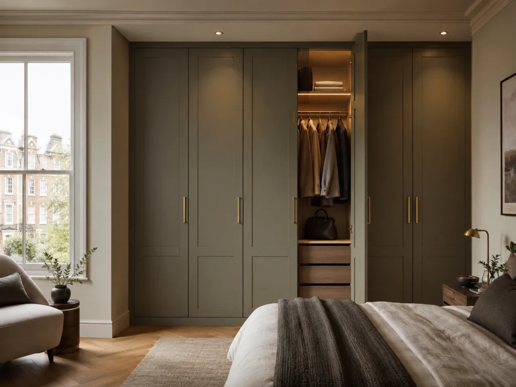 Dark hinged fitted wardrobe with shaker-style doors in a modern bedroom