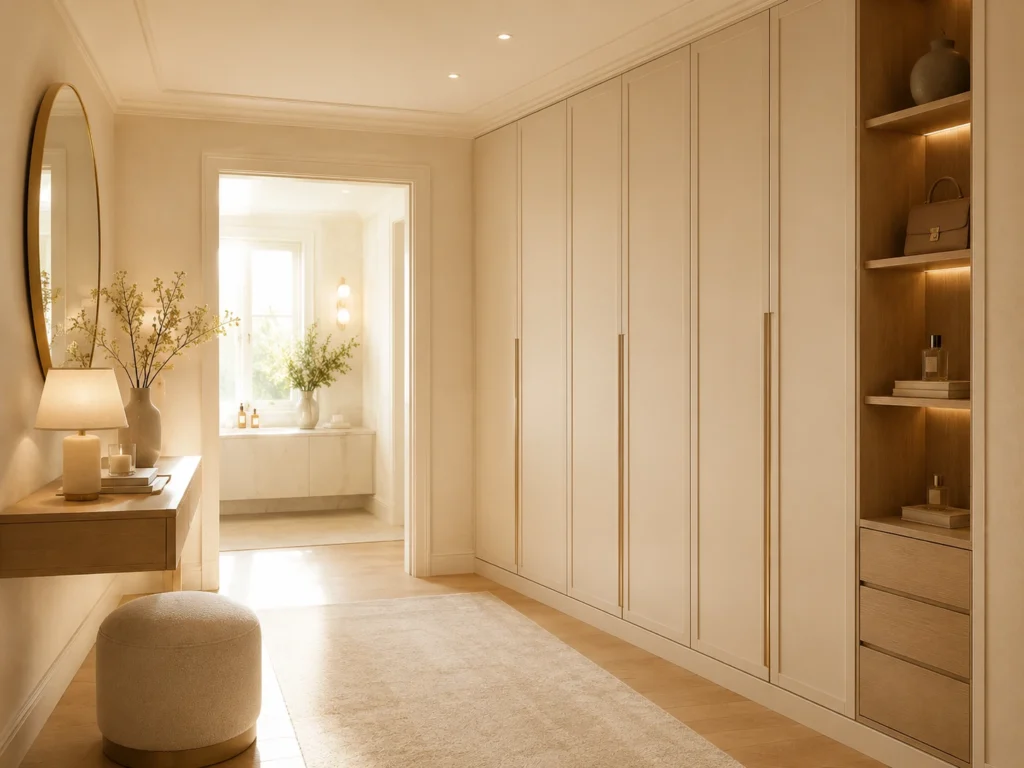 Floor-to-ceiling fitted wardrobes in a warm contemporary corridor with light cream doors, brass handles and a built-in open wood niche