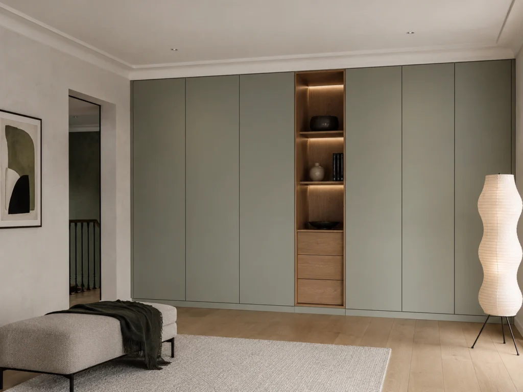 Handleless fitted wardrobes in a contemporary London bedroom