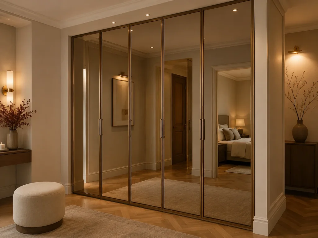 Mirrored fitted wardrobes in a warm London dressing area