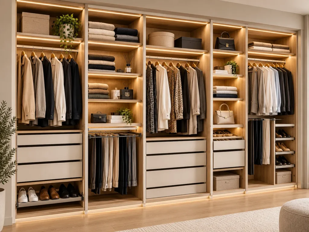 Fitted wardrobe interior with hanging rails, drawers, shelving, shoe storage and integrated lighting