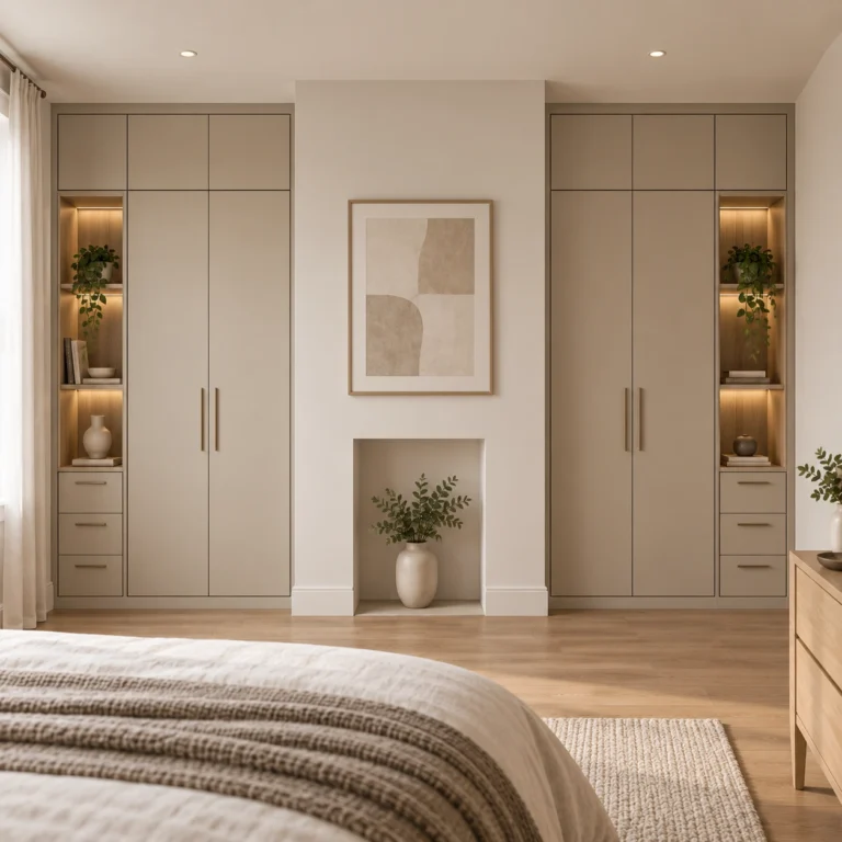Fitted wardrobes built into alcoves around a chimney breast in a London bedroom