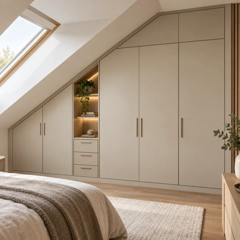 Made-to-measure fitted wardrobes under a sloping ceiling in a London bedroom