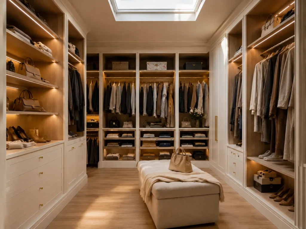 Luxury walk-in wardrobe design in London with warm neutral finishes, open storage, hanging space and drawers